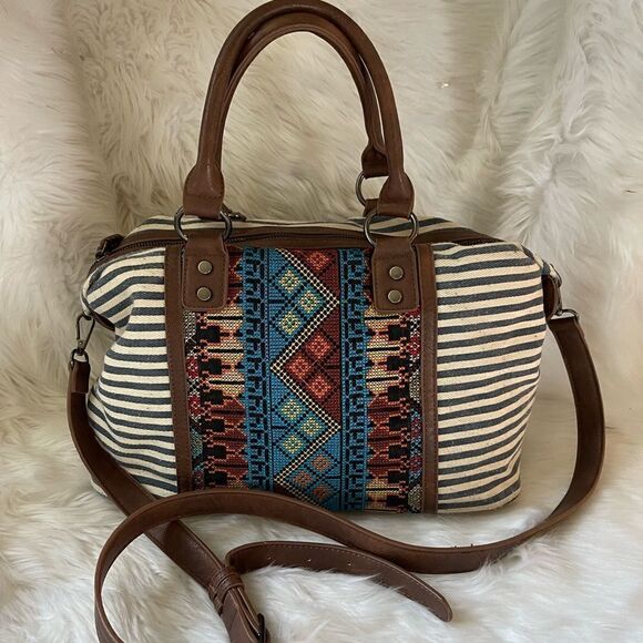 MMS Aztec embroidery and canvas beige and gray stripes Satchel brown trim - Picture 1 of 13